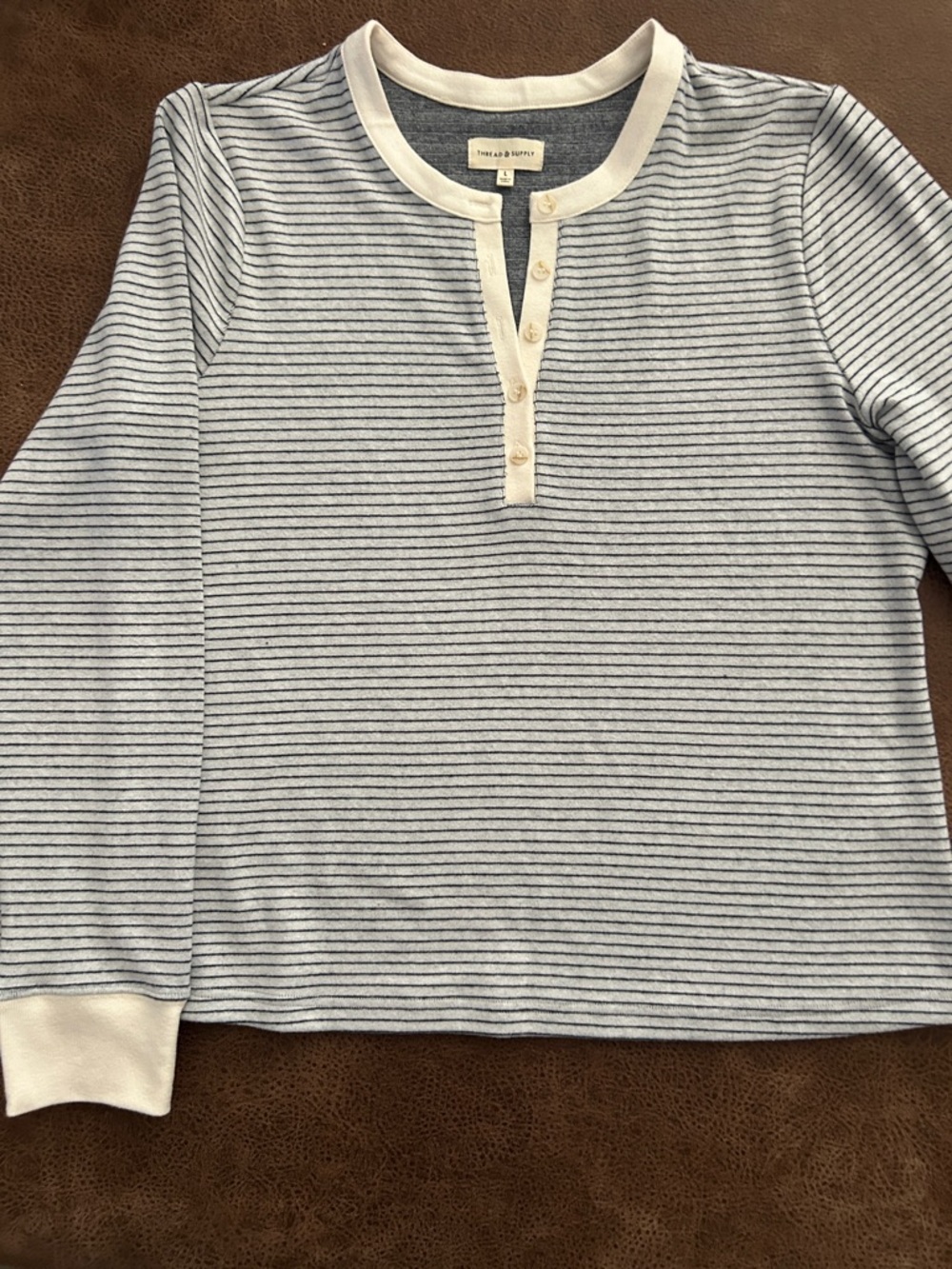 Thread & Supply Striped Henley Top in Light Gray, Black stripes and Cream cuffs